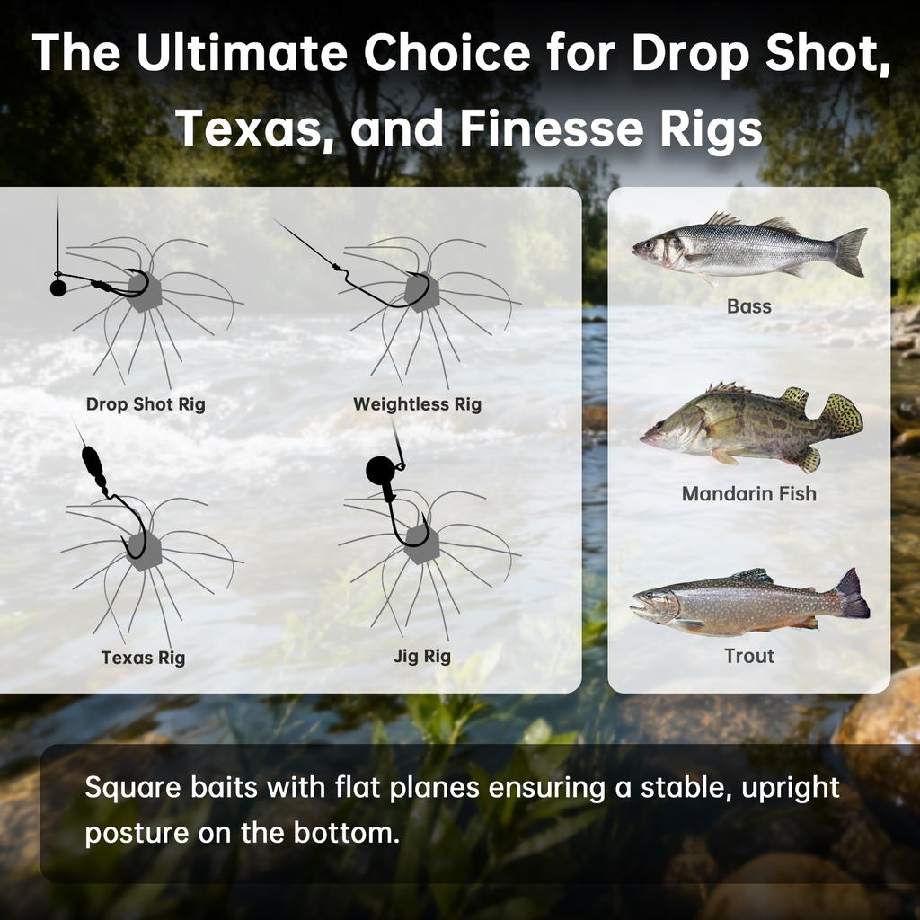 6 pcs Handmade Soft Dice Fishing Lures for Drop Shot / Texas / Jig / Finesse Rig with Slow Sinking Tentacles,Panfish and Trout Baits