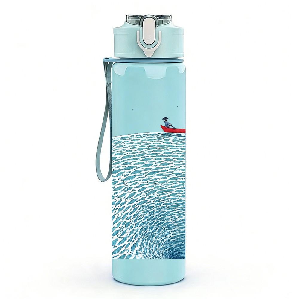 1PC Small Boat On Blue Sea Wave Print 750ml Color Plastic Sports Water Bottle Leakproof Flip Straw Lid Suitable for Sports Office Home Use