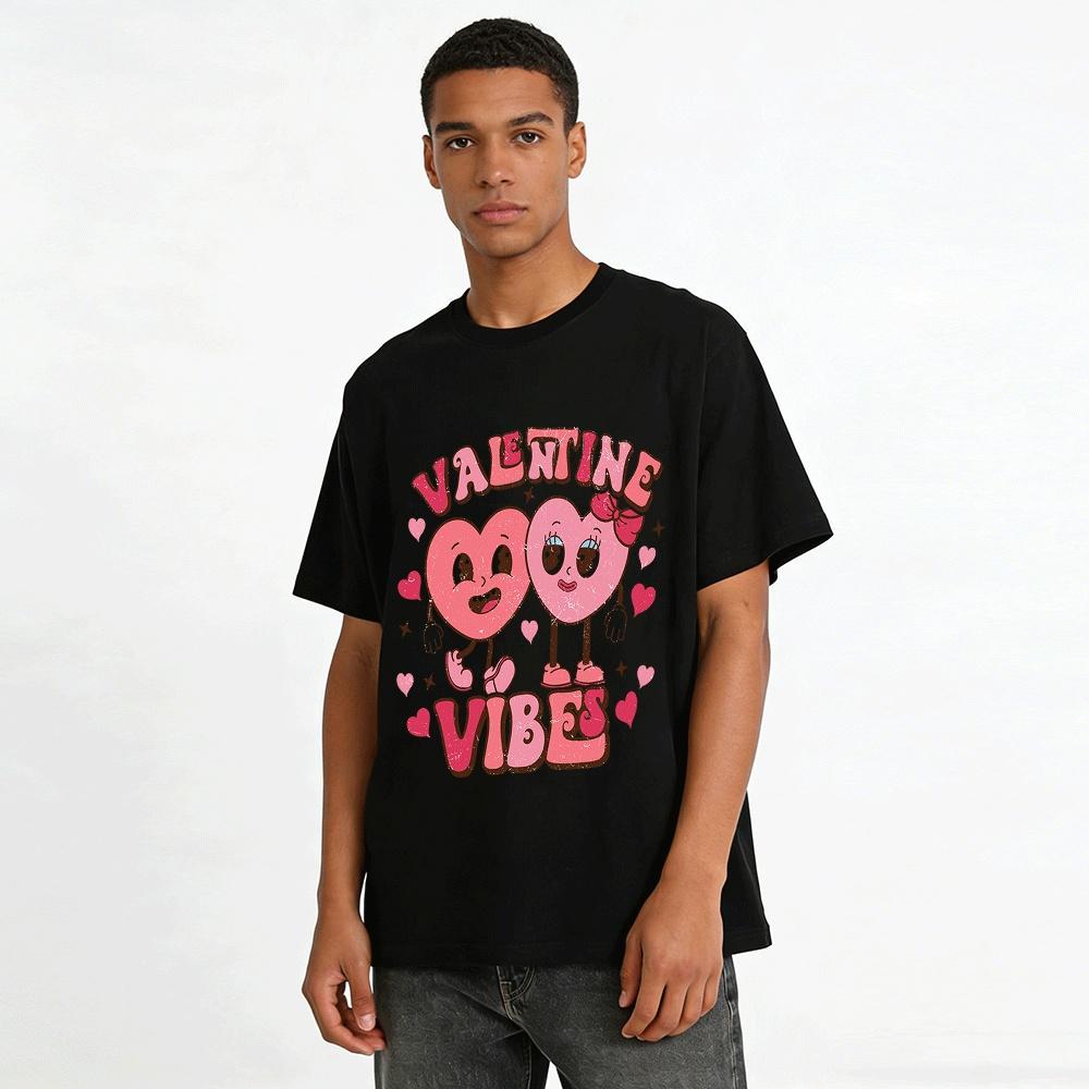 Retro Valentine Vibes Cute Couple Heart Graphic Casual Top Pure Cotton T-shirt