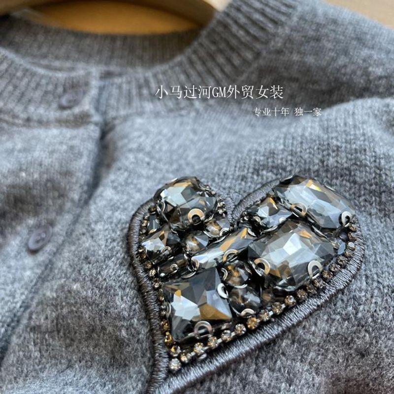 

M **C Тот же стиль, 1,5K + на Кабинете!! Тяжелая промышленность Сердце Стразы Длинные рукава Вязаный шерстяной кашемировый кардиган Grey L