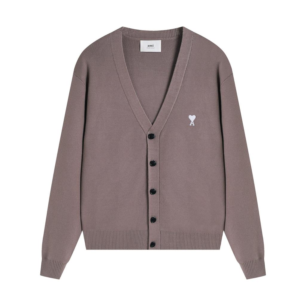 AMI Jesień i Zima Męski Nowy Małe Białe Serce Mieszanka Wełny Alpaki Miękki i Przyjemny Dzianinowy Kardigan Okrągły Dekolt Sweter Chmurka Kieszeń Płaszcz