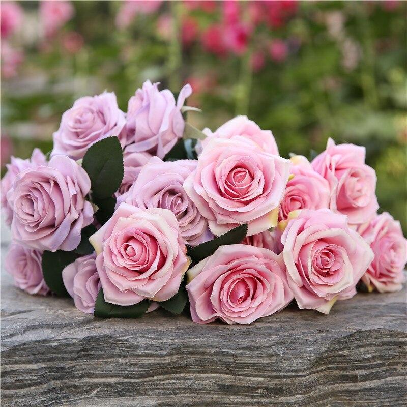 7Roses Bouquet Christmas Party Artificial Fake Silk Flower Dusty Pink Red White Wedding Decoration Display Gift Fall Color