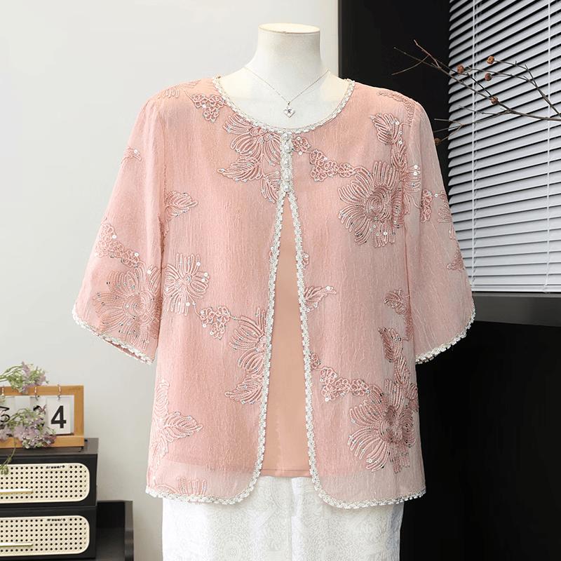 Elegant Embroidered Faux Two-Piece Summer Jacket for Moms 3XL