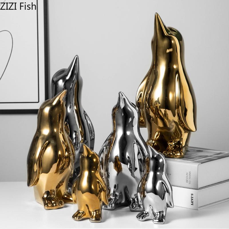 Creative Penguin Gold-plated Ceramic Statue Desk Decoration Penguin Sculpture Abstract Crafts Ornaments Room Aesthetics Decor
