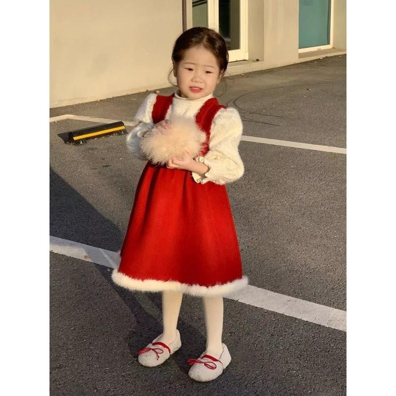 Adorable Korean Children's Red Vest Dress Set For Girls Featuring Cozy Knitted Sweater For Christmas And New Year