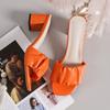 Foreign trade new large size pleated middle heel one-word slippers women's thick heel candy color square head cool slippers independent station