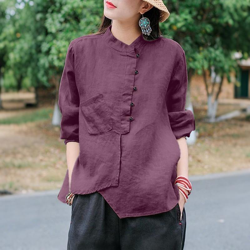 ZANZEA Women Casual Round Neck Solid Color Long Sleeve Retro Blouse