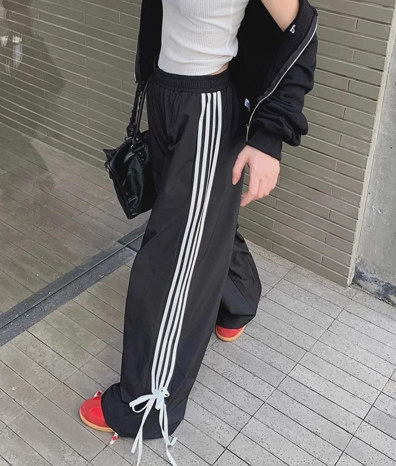 Women's Black Wide-Leg Sports Pants with Bow Design - Early Spring Casual, Loose Fit