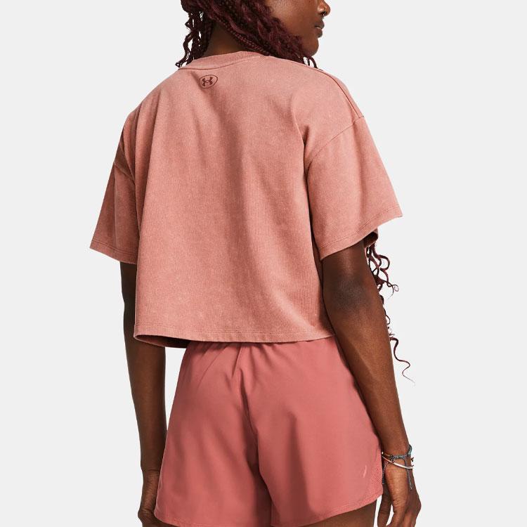 Under Armour Letter Print Pattern Ribbed Round Neck Short Sleeve T-Shirt Women Tops Canyon-Pink 1383048-696