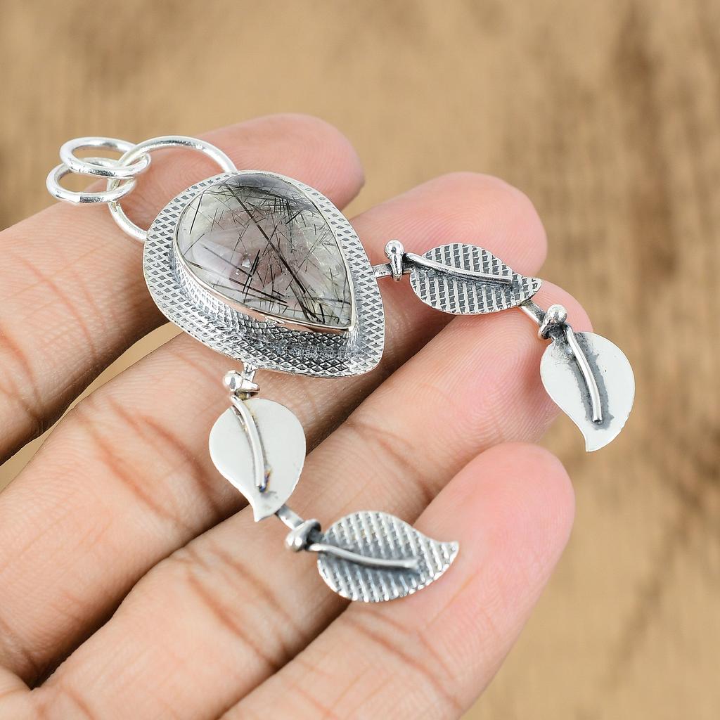 Natural Black Rutile Gemstone Jewelry 925 Sterling Silver Pendant For Girls