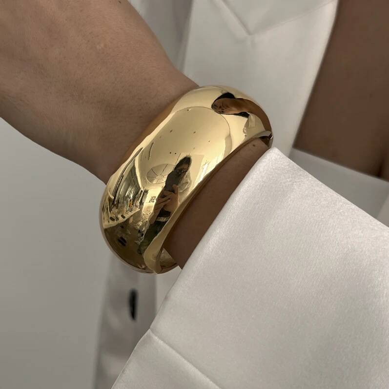SHIXIN Punk Smooth Surface Geometric Round Wide Open Bracelet for Women Simple Irregular Gold Color Metal Spring Bangle 2025 New