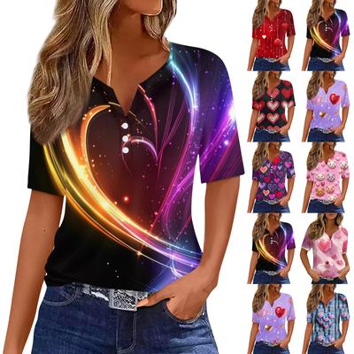Women's T Shirt Tee Print Button Short Sleeve Daily Weekend Fashion Basic V, Neck Regular Top Valentine's Day
