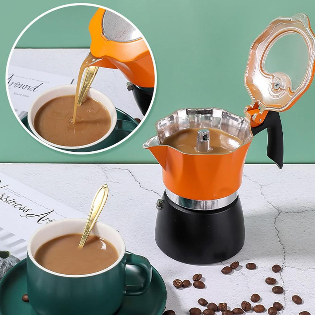 Aluminum Coffee Maker 150ML, Stovetop Moka Pot for Classic Italian and Cuban Cafe Brewing,15.2oz Orange and Black Octagonal Transparent Cover Cuban,