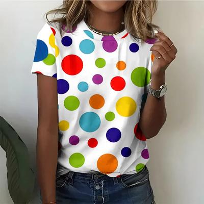 Top Estivo Girocollo Stampa a Pois Colorati Bold 3D Magliette da Donna alla Moda Casual a Maniche Corte
