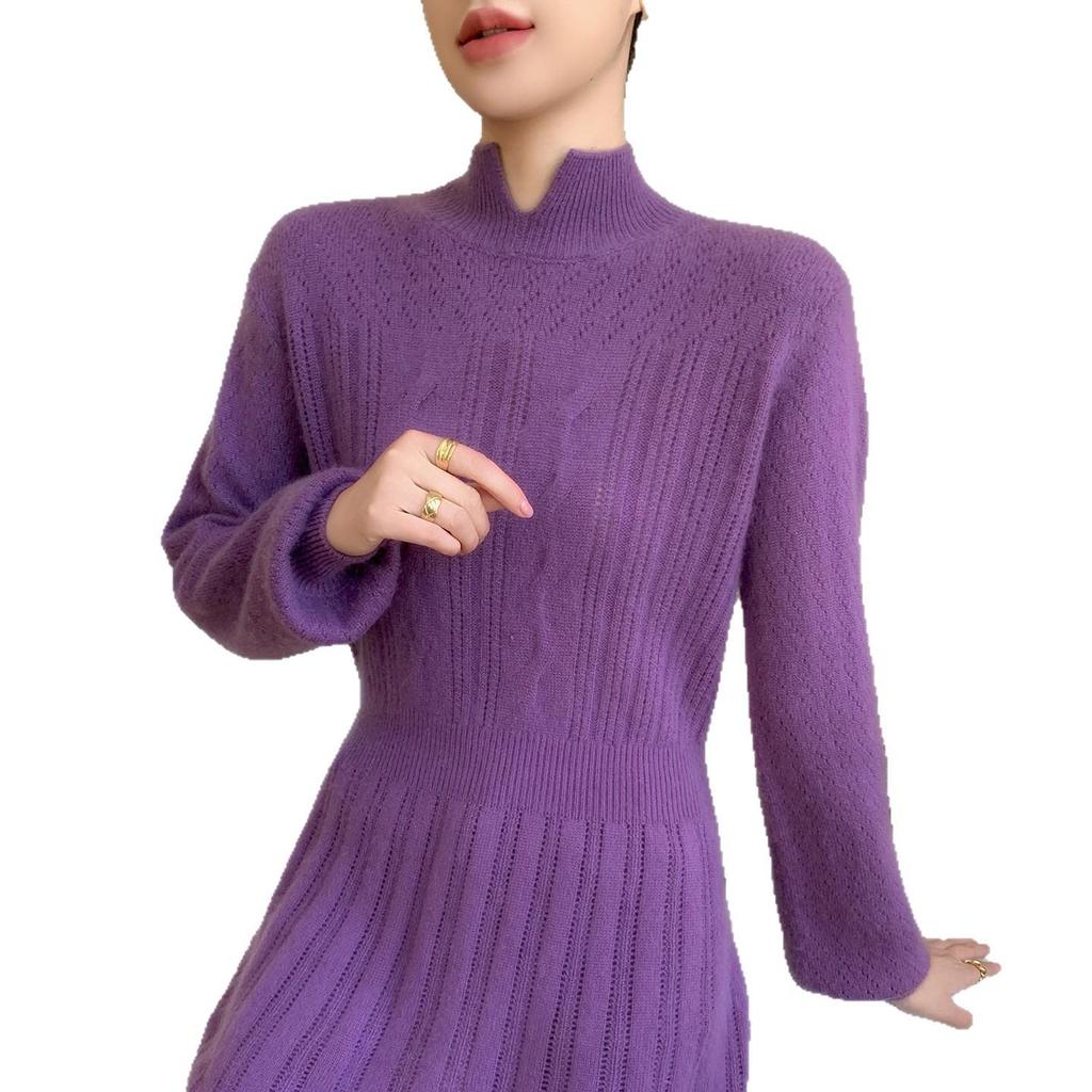 2025 Autumn/Winter Women's Cashmere Sweater Dress - Slit Neck, Lazy Style Wool Knit