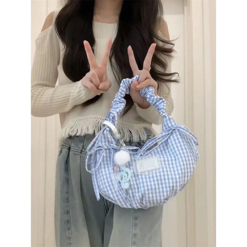 2025 Korean Series Dopamine Plaid Pleat Bow Shoulder Bag Women Summer New All-Match Portable Commuter Bag