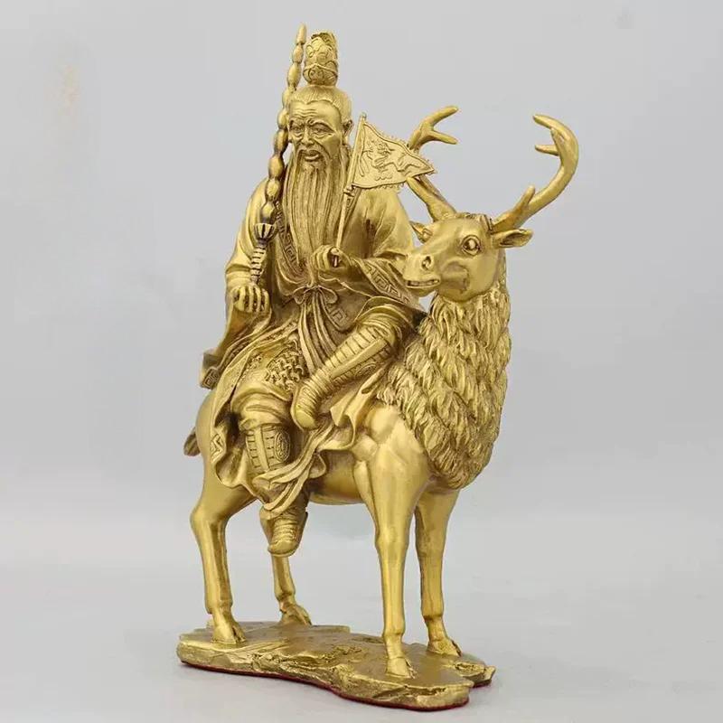 Pure Brass Attracting Wealth Jiang Ziya Statue Riding Deer with God-Striking Whip Taoist Deity for Home
