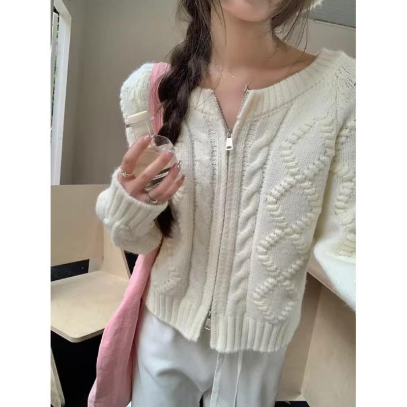 

Вязаная куртка-свитер в корейском стиле ретро с двойной молнией и перекрутом для женщин, осенний топ-кардиган с коротким рукавом, круглым вырезом и ромбовидным узором. One Size