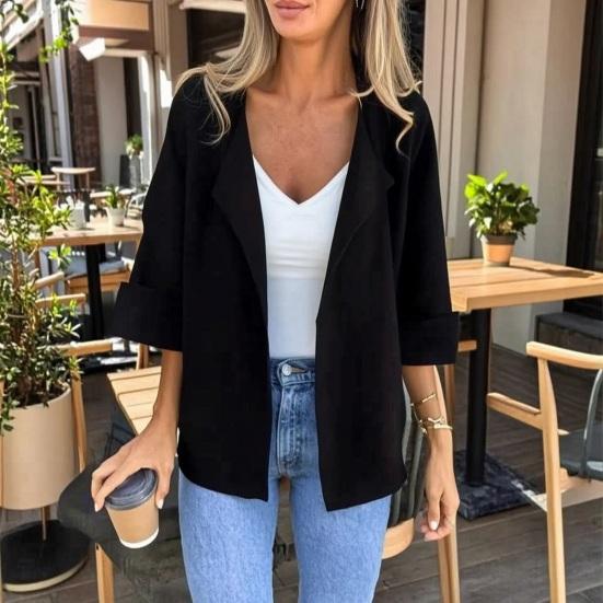 Women Lapel Jackets Collar Blazer, 3/4 Sleeve Open Front Business Casual Ladies Blazers Suit Jacket, Office Work Short Blazer for Spring Fall