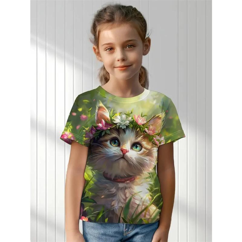 Letní tričko s kulatým výstřihem a 3D potiskem kočky, módní a ležérní dětské dívčí tričko s krátkým rukávem