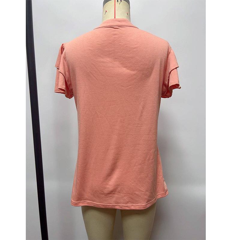 Women's V-neck Short Sleeved Ruffle Sleeve T-shirt Button Up Shirt