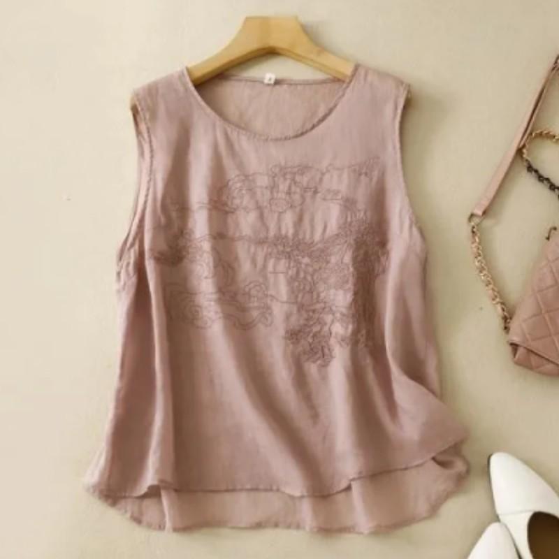 Women's Summer Chinese Vintage Cotton-Linen Embroidered Tank Top Solid Color Comfortable Loose-Fit Round Neck Sleeveless Top