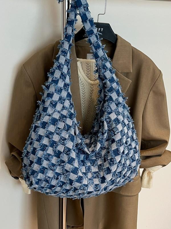 Denim Plaid Shoulder Bag With Zipper Closure For Casual Urban Style