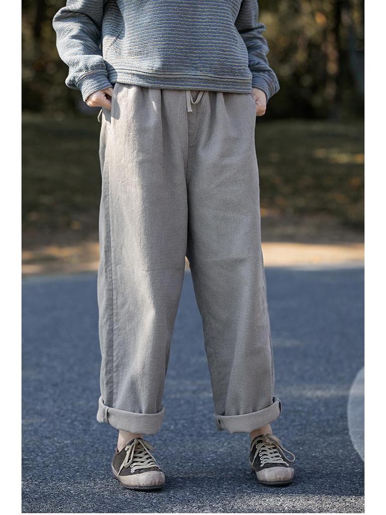 Women's Retro Gray Cotton Elastic Waist Casual Pants