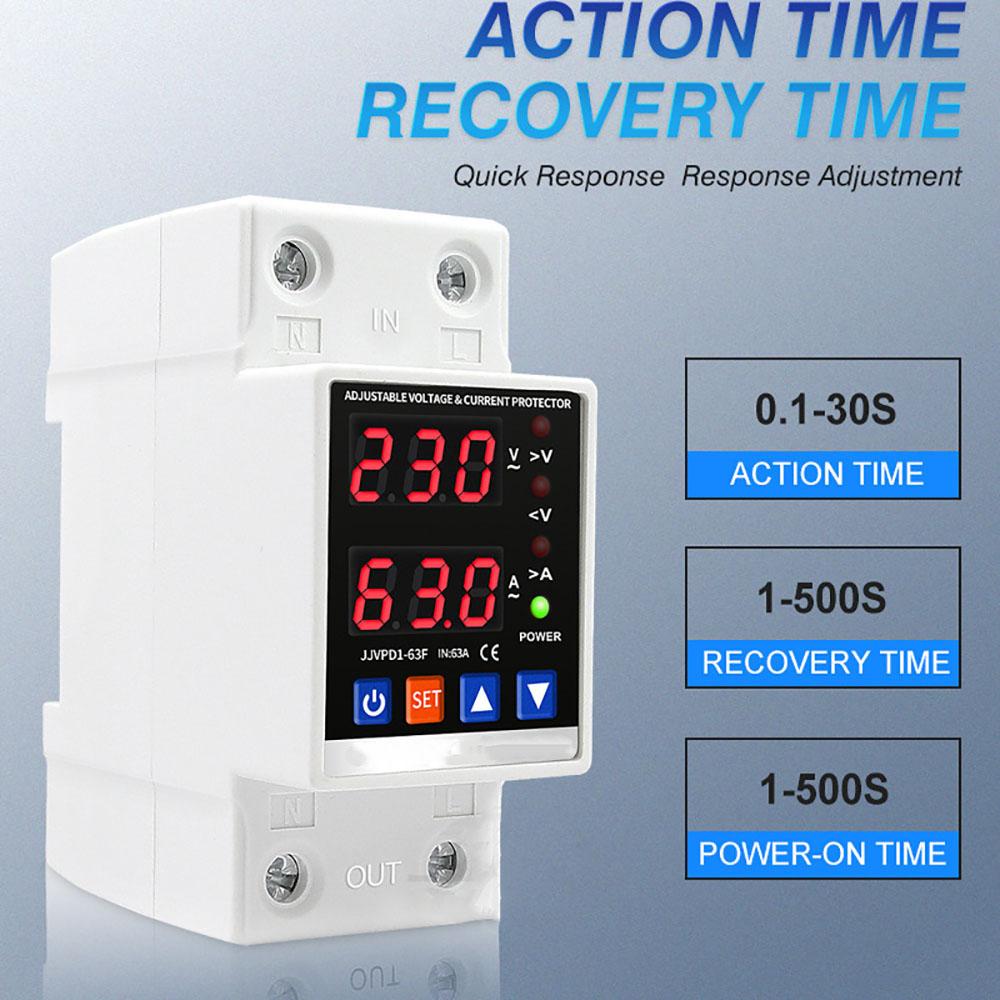 Dual Display 40A 63A 80A 230V Din Rail Adjustable Digital Over Under Voltage Relay Surge Protector Limit Over Current Protection