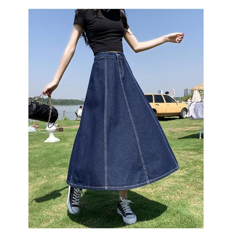 Women High Waist Denim Maxi Skirt A Line Flared Design Casual Long Jean Skirt