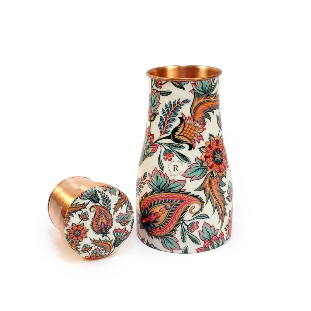 Print Copper Water Bottle Jar - 1L | With Inbuit Glass In Lid | Beautiful And Elegant  Print Design | Kitchen And Bedroom Sugar Water Storage Pot