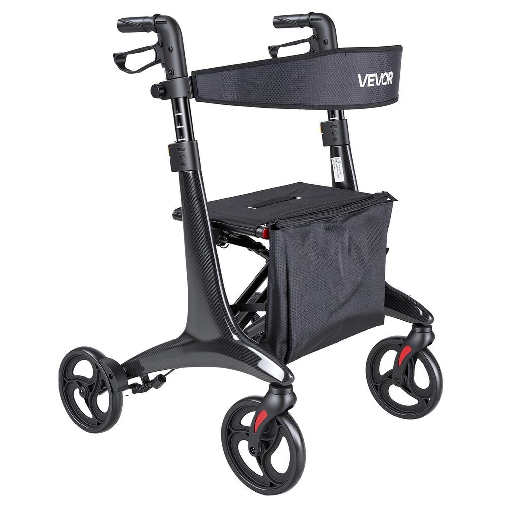 Rollator Walker with Seat for Seniors, Foldable Lightweight Rolling Walker, Carbon Fiber Mobility Walking Aid with 8" Solid PVC Wheels and Adjustable