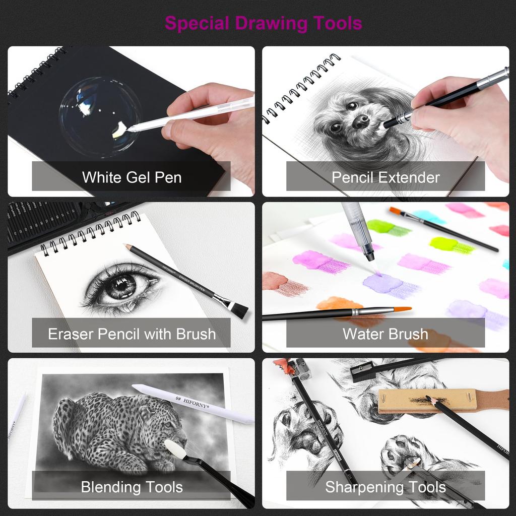 HIFORNY Drawing Sketch Art Coloring Black Colored Charcoal Blending and More Set, Kit, Supplies, 3-Color Sketchbook, Book, Rainbow, Watercolor,