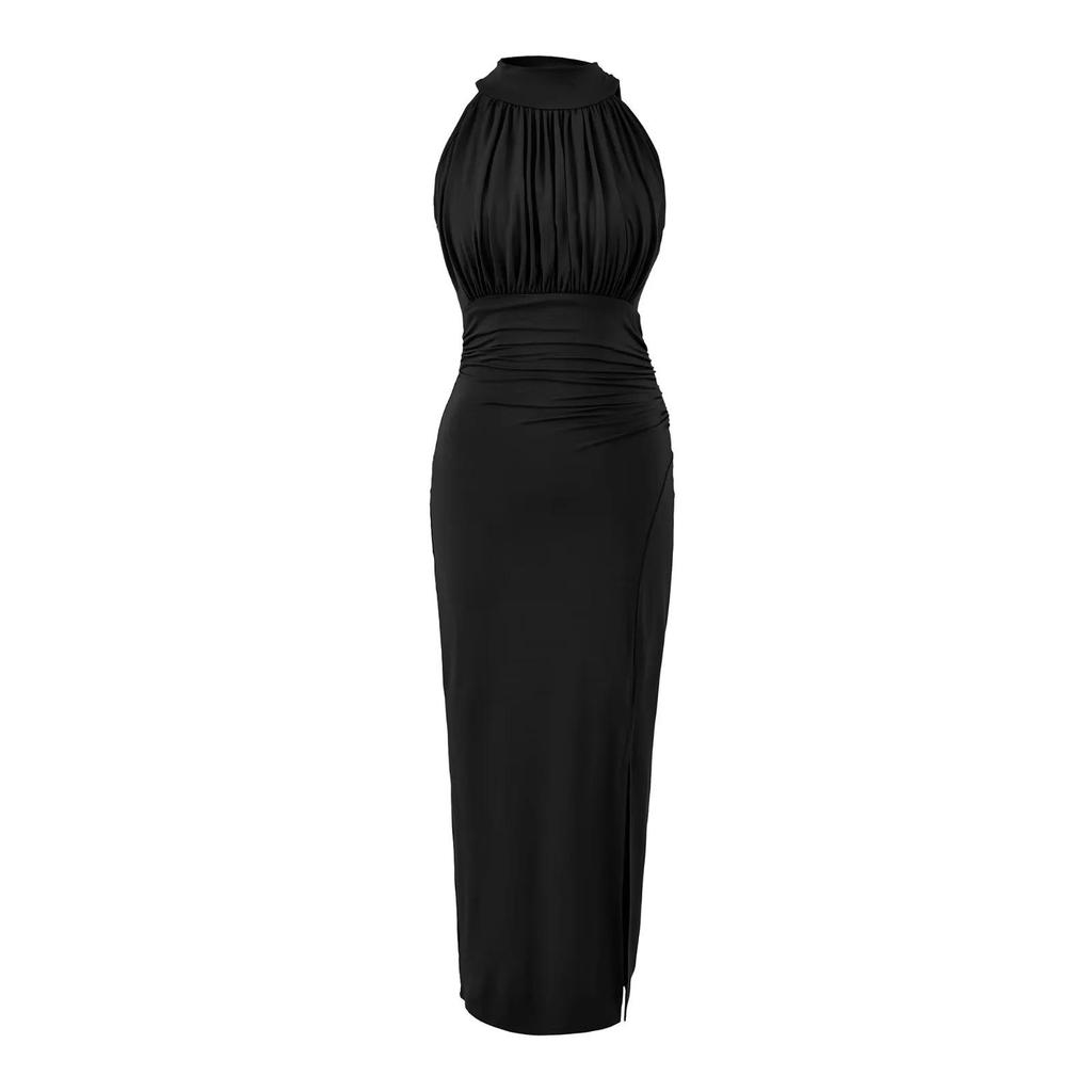 Elegant Women's Slim Fit Halter Neck Dress with Waist-Cinched Flowy Skirt and Side Slit