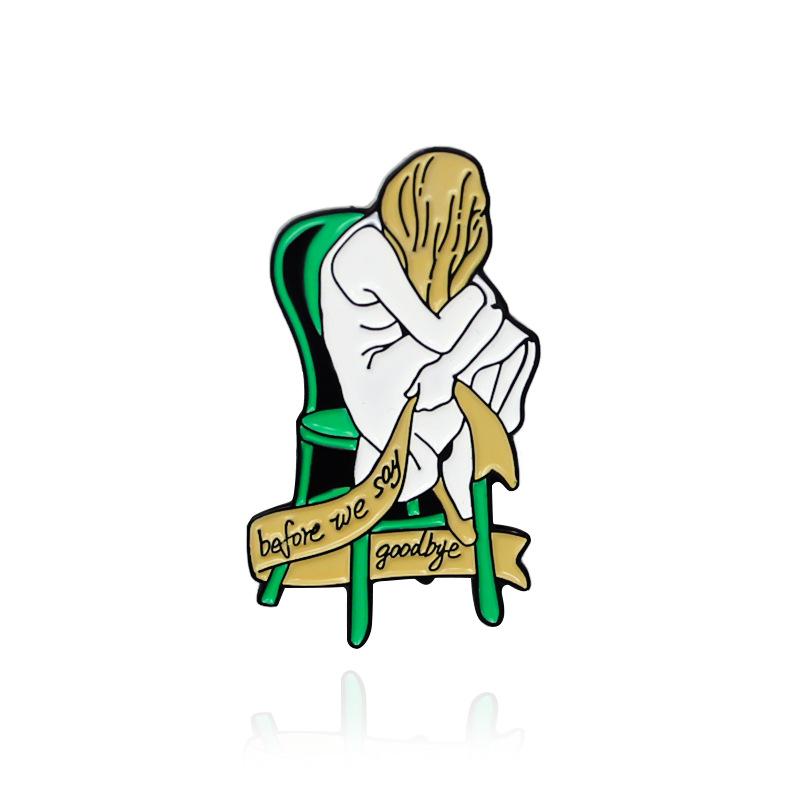 Stylish Alloy Brooch: Pensive Girl with Ribbon, Heart Pillow, and Letter Badge