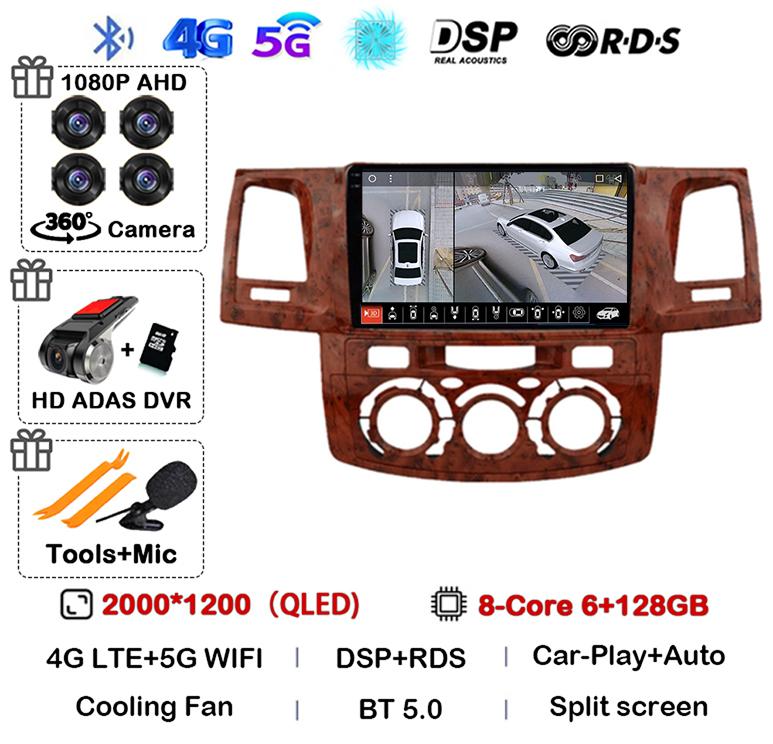 Android 14 Carplay Auto WIFI+4G Radio For Toyota Fortuner HILUX Revo Vigo 2007-2015 Stereo Car Multimedia Video Player GPS QLED