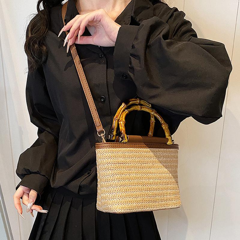 Weaving Bag Summer New Bamboo Handle Tote Straw Bag Niche Simple Shoulder Crossbody Bucket Bag Women's Bag AVE