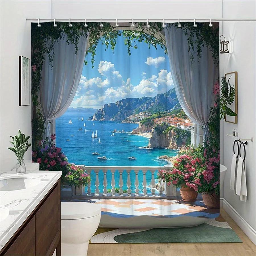 1Pc Coastal Balcony View With Sailboats Shower Curtain - Lush Greenery, Pink Flowers, Turquoise Sea Design, 70.86X70.86In, 12 Ho