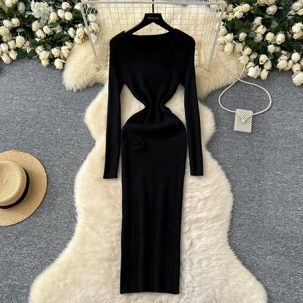 Spring Autumn Women Elegant 3D Flower Knitted Sweater Sheath Dresses Full Sleeve Midi Party Slim Pullover Dress