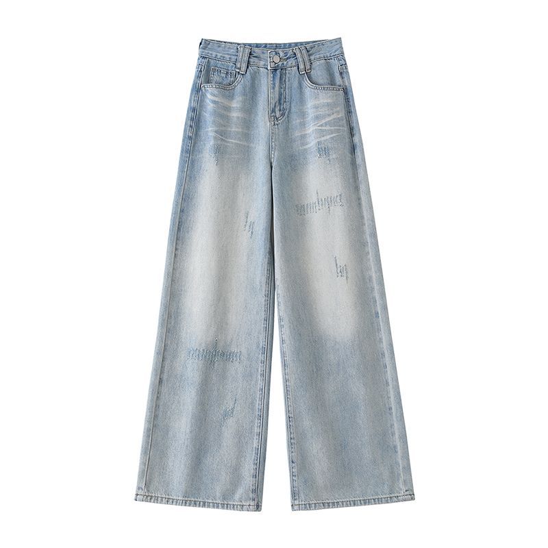 Spring Summer Vintage Light Blue Fine Glitter Gold Foil Tencel Wide Leg Denim Pants For Ladies Casual Pants Oversize Denim Trousers
