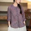 Women Shirt Round Neck 46085 Sleeve Buttons Placket Shirt Tops Pure Color Floral Embroidery