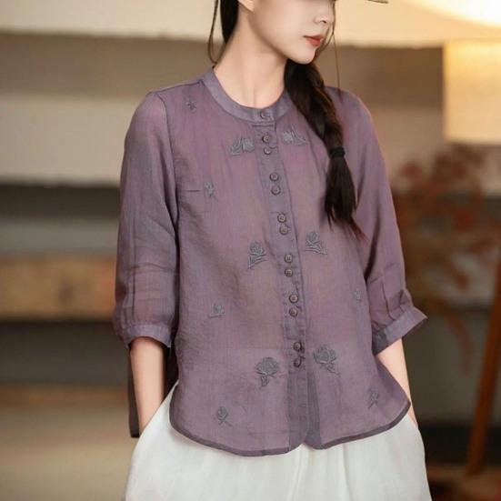 Women Shirt Round Neck 46085 Sleeve Buttons Placket Shirt Tops Pure Color Floral Embroidery