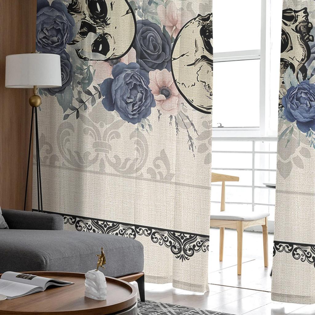 Halloween Flower Skull Bedroom Transparent Sheer Curtains Holiday Decoration Window Voile Tulle Curtain