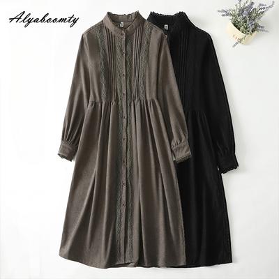 Abito in Velluto a Coste da Donna Autunno Primavera Stile Mori Giapponese Collo Alto Khaki Nero Ampio Oversize Taglie Forti Abito Midi con Patchwork di Pizzo