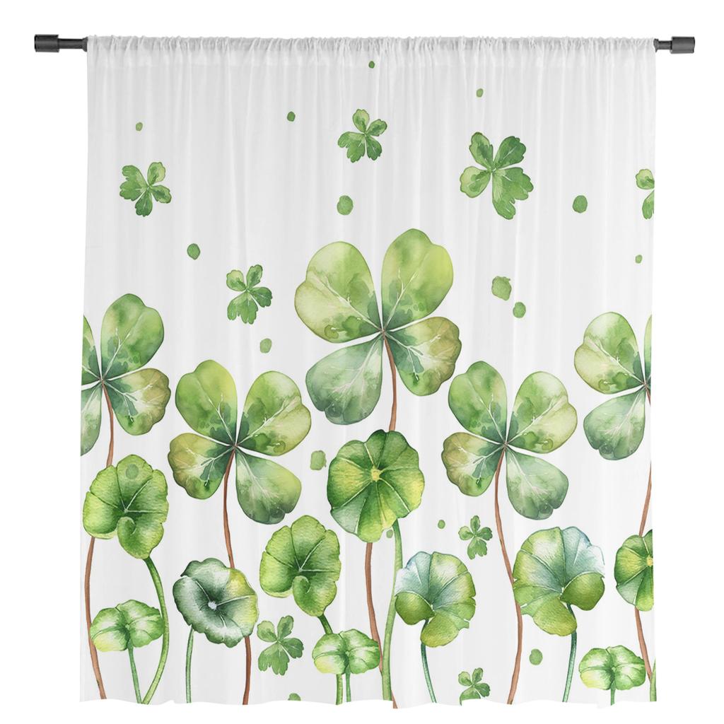 Letnie Rośliny Czterolistna Koniczyna Zielony Akwarela Przezroczysta Zasłona Okienna Tiulowe Zasłony do Salonu Dekoracja Domu Woalowe Draperie