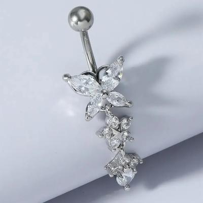 Beautiful Navel Piercing Body Jewelry Fashion Shiny Butterfly Flower Zircon Pendant Stainless Steel Belly Button Ring