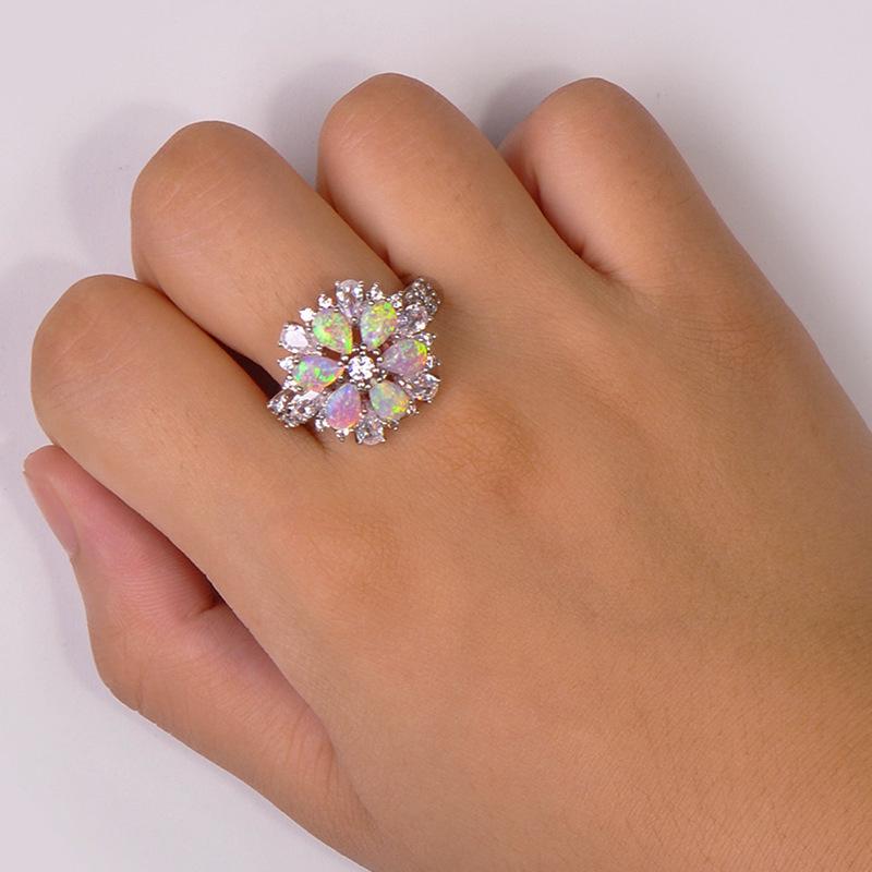 Hot Selling Light Pink Opal Stone Flower Shaped Ring for Mens Fashion Retro Ring Accessories