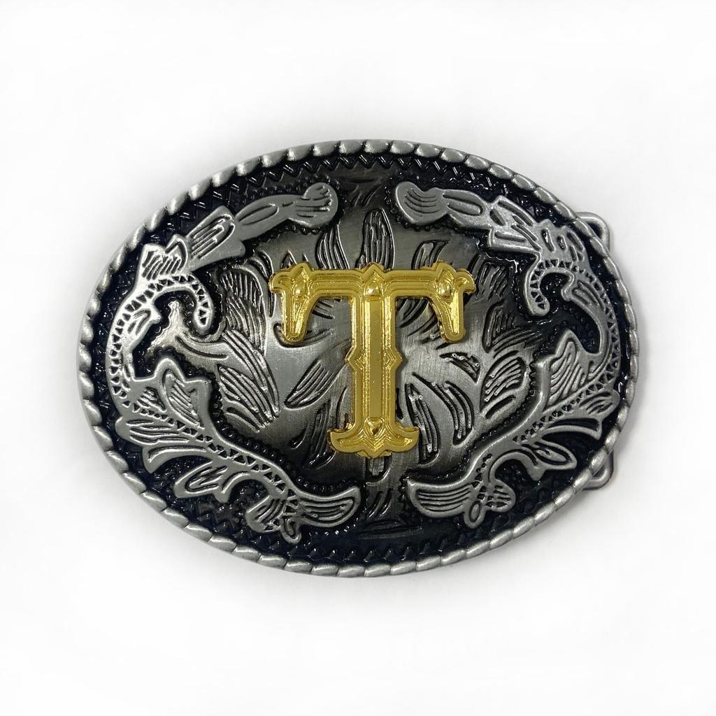 Western Cowboy Ethnic-Style Oval Belt Buckle - English Letters & Tang Grass Pattern Alloy