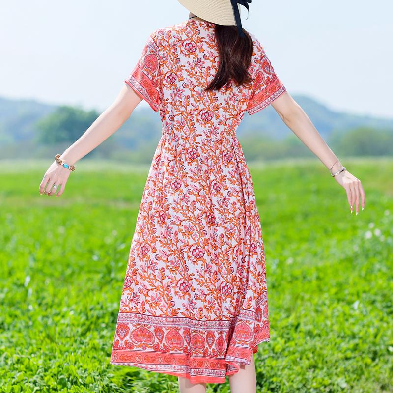 Plus Size Women's Long Dress Summer  Short Sleeve Vintage Print Dress for Women