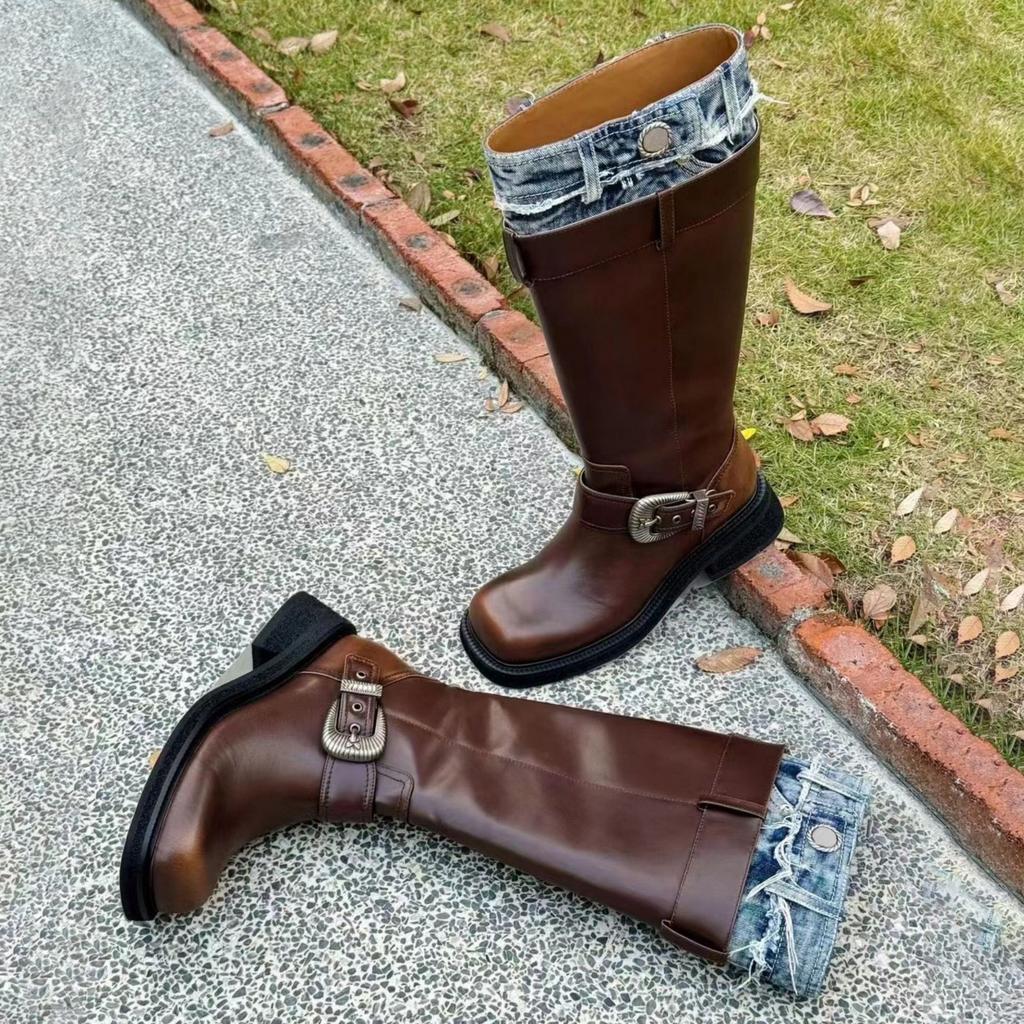 Cowhide version~ thick-soled Maillard long knight boots women's retro leather metal buckle denim locomotive western boots